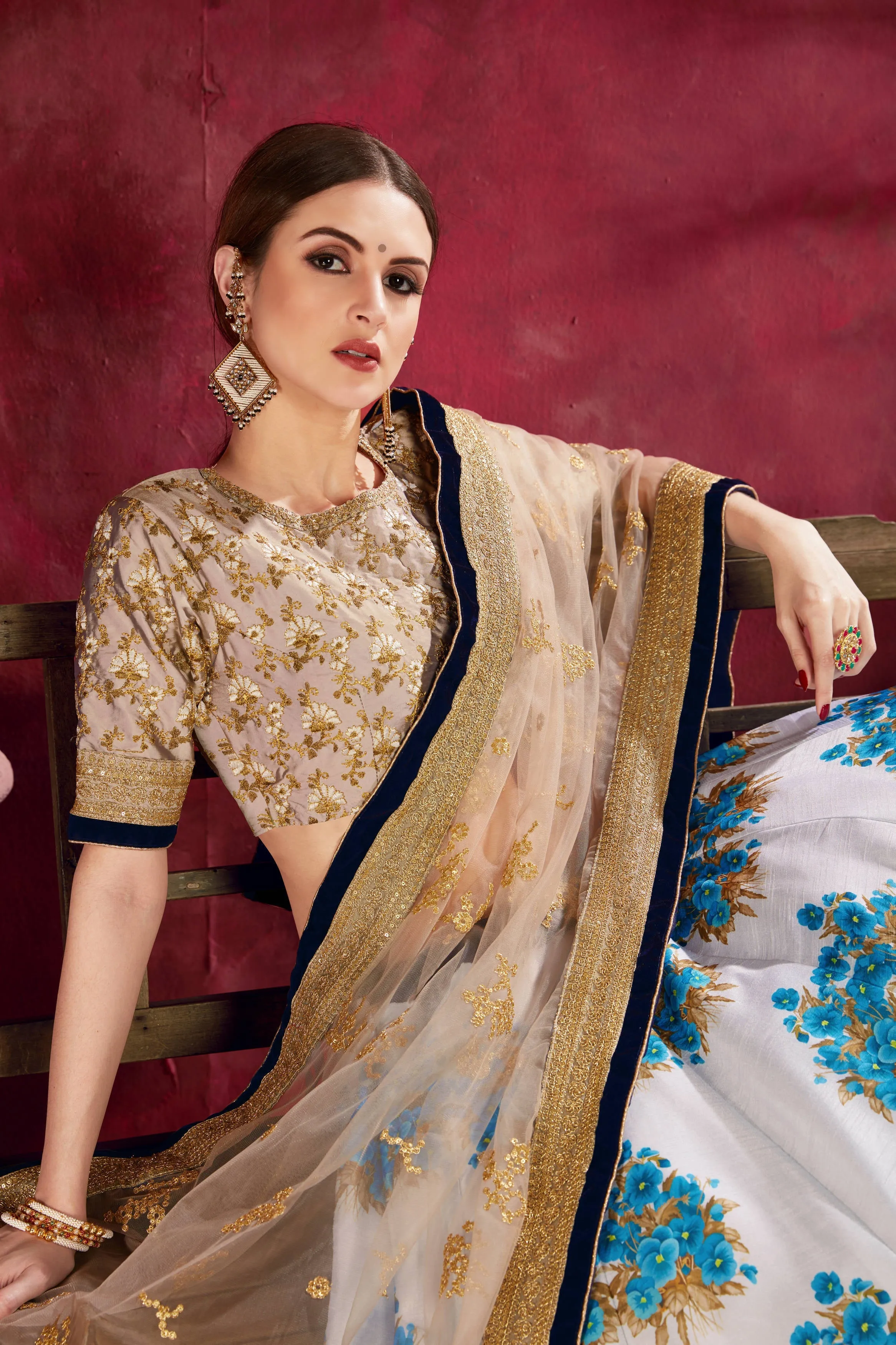 Charming Blue Floral Printed Banglory Silk Wedding Lehenga Choli